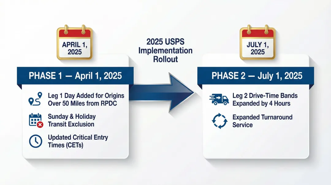 USPS First-Class Mail two-phase 2025 implementation timeline with key changes