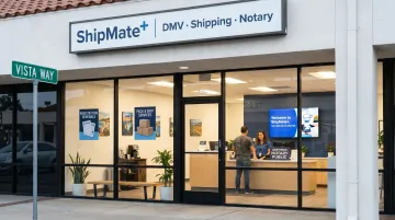 ShipMate Plus Vista storefront showing pack ship and DMV registration services