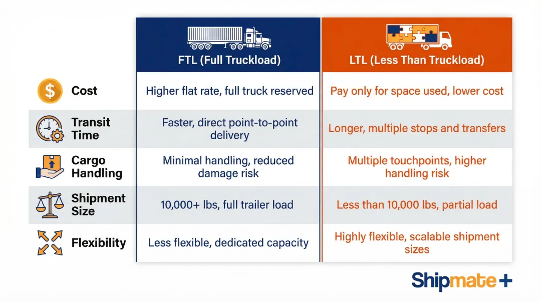 FTL versus LTL freight shipping side-by-side comparison infographic five factors