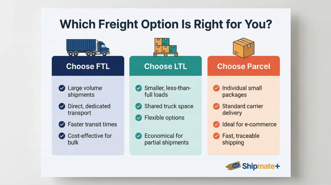FTL versus LTL versus parcel shipping decision framework three-path flowchart
