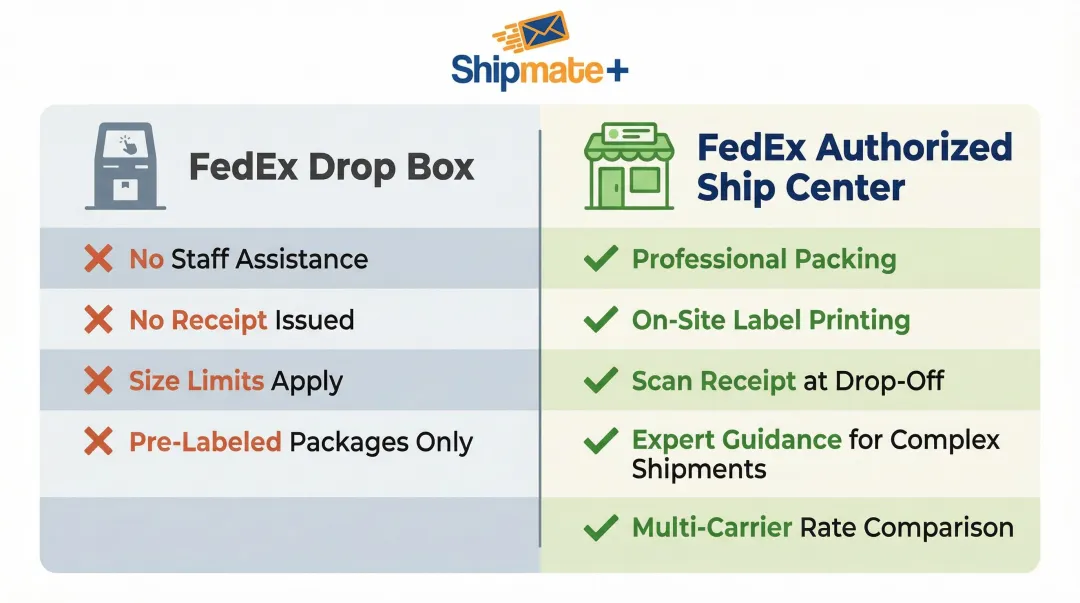 Drop box versus FedEx Authorized Ship Center key differences comparison chart