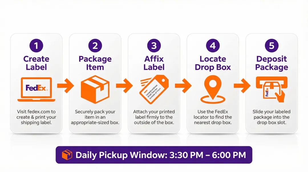 5-step FedEx drop box usage process from label creation to pickup