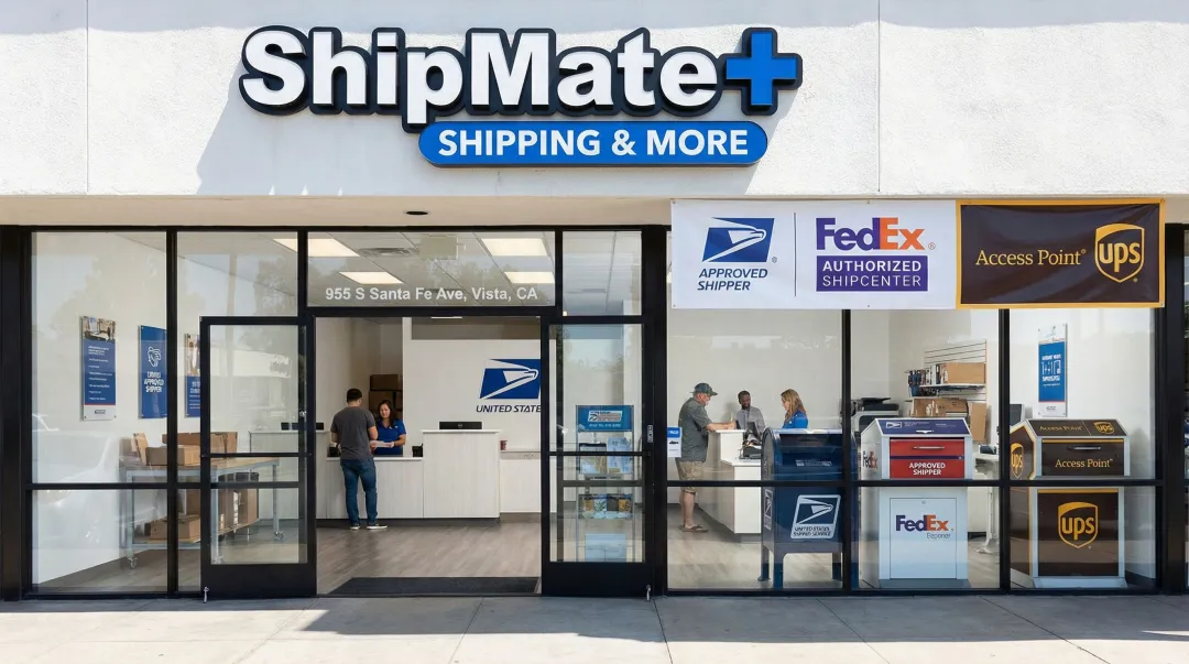 ShipMate Plus Vista CA storefront showing USPS FedEx UPS shipping drop-off center