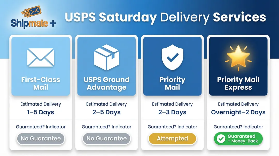Four USPS Saturday delivery services comparison chart with transit times and guarantees