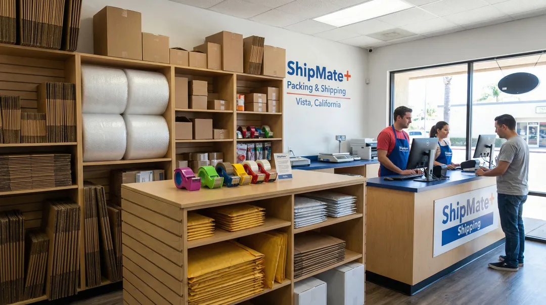 ShipMate Plus Vista CA store interior showing packing supplies and shipping counter