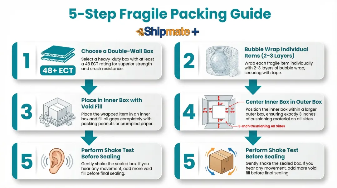 5-step fragile item box-in-box packing method process flow infographic