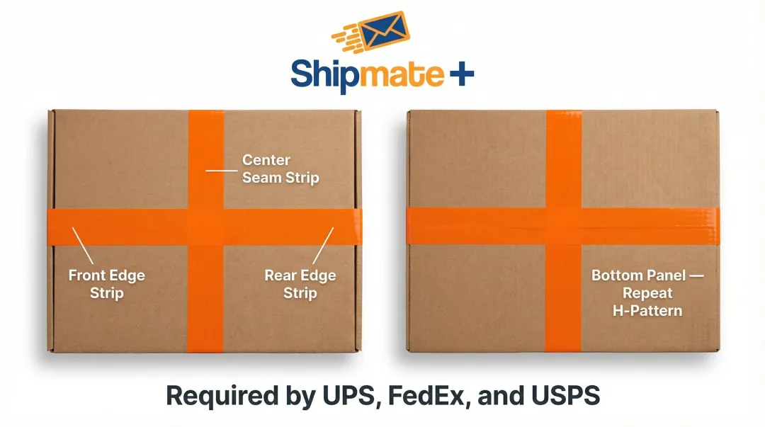 H-taping method diagram showing correct tape application on shipping box seams