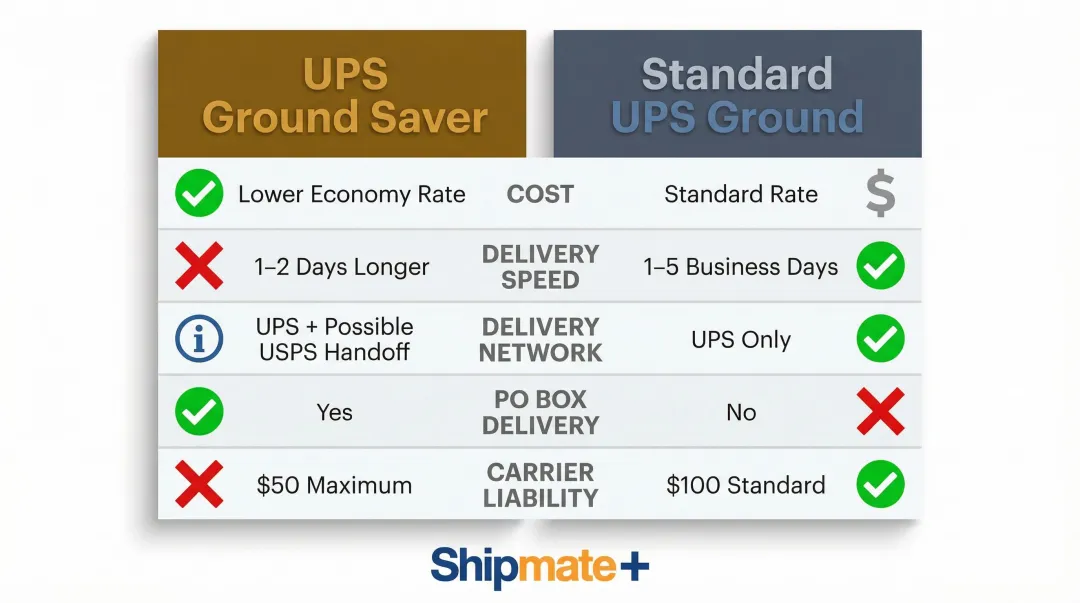 UPS Ground Saver versus standard UPS Ground five-factor side-by-side comparison