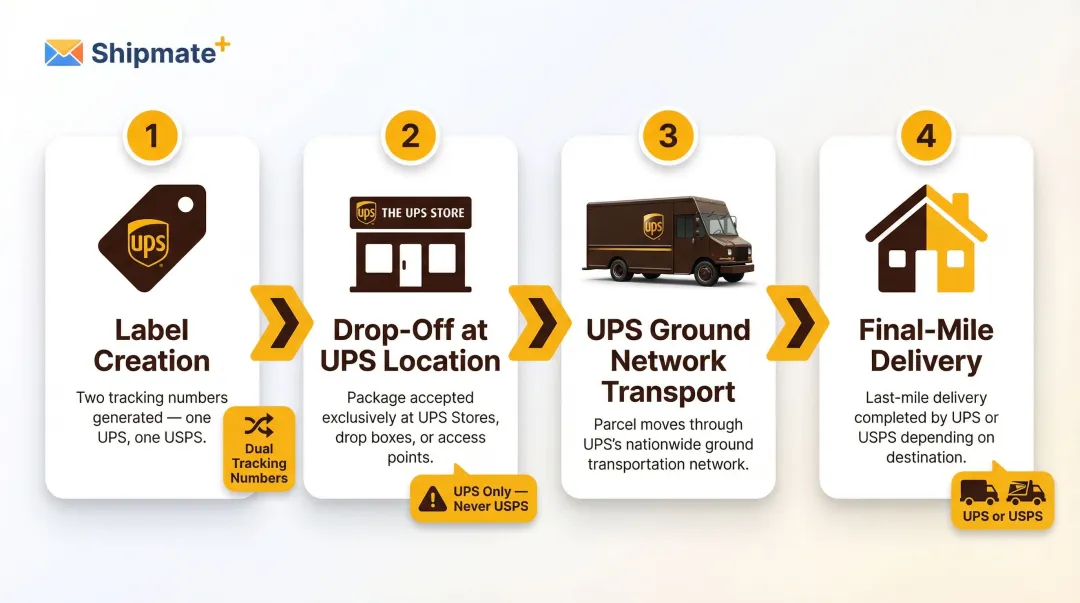 UPS Ground Saver four-step shipping process flow from label to delivery