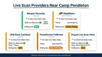 Five walk-in Live Scan locations near Camp Pendleton comparison chart with distances and hours