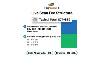Live Scan fingerprinting fee breakdown showing rolling fees and government processing costs