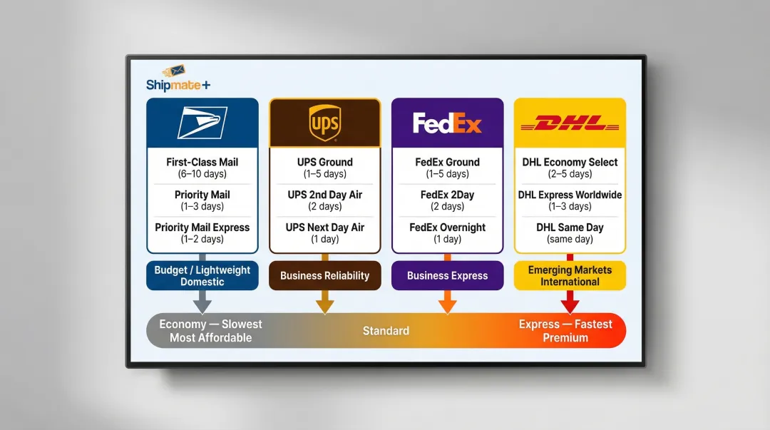 USPS UPS FedEx DHL international shipping services comparison chart by speed and use case