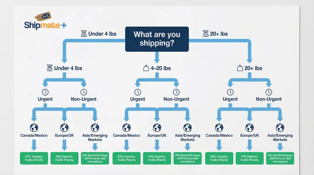 International carrier selection decision framework flowchart by weight urgency and destination