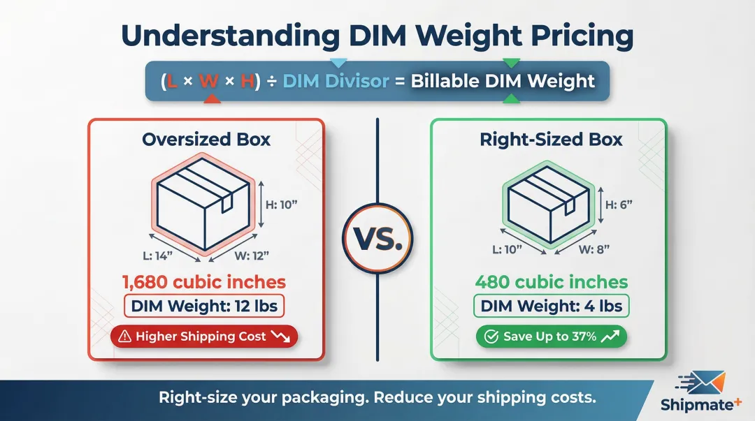 DIM weight calculation example showing box size reduction cuts shipping costs