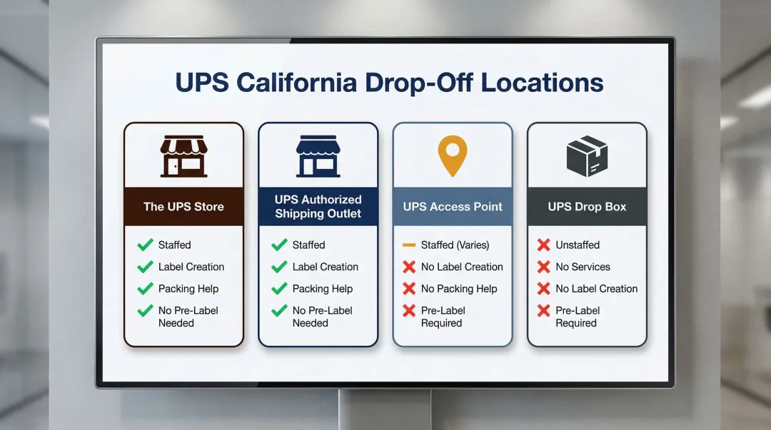 Four UPS location types comparison table showing staffing services and requirements