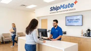 ShipMate Plus auto registration service counter staff assisting walk-in customer