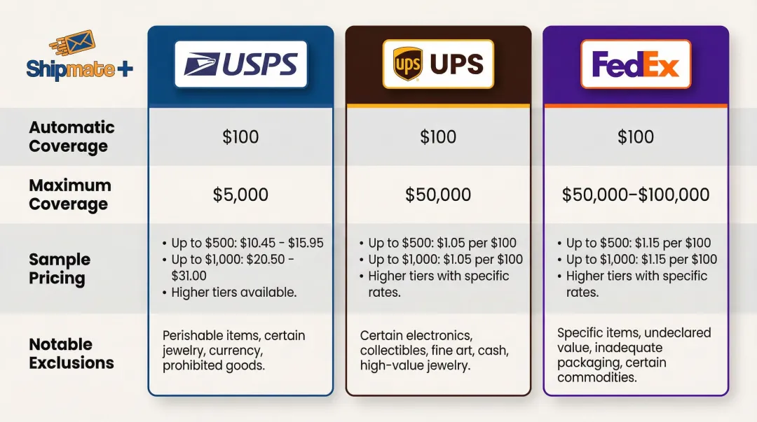 USPS UPS FedEx shipping insurance cost and coverage comparison chart