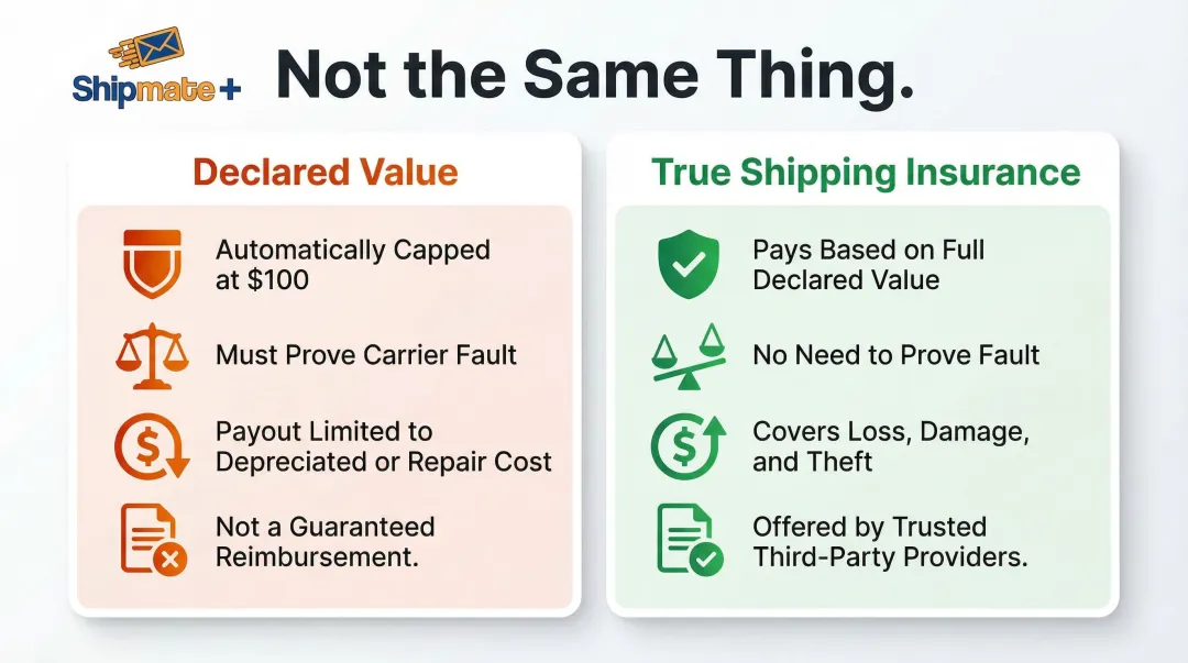 Declared value versus true shipping insurance key differences comparison infographic
