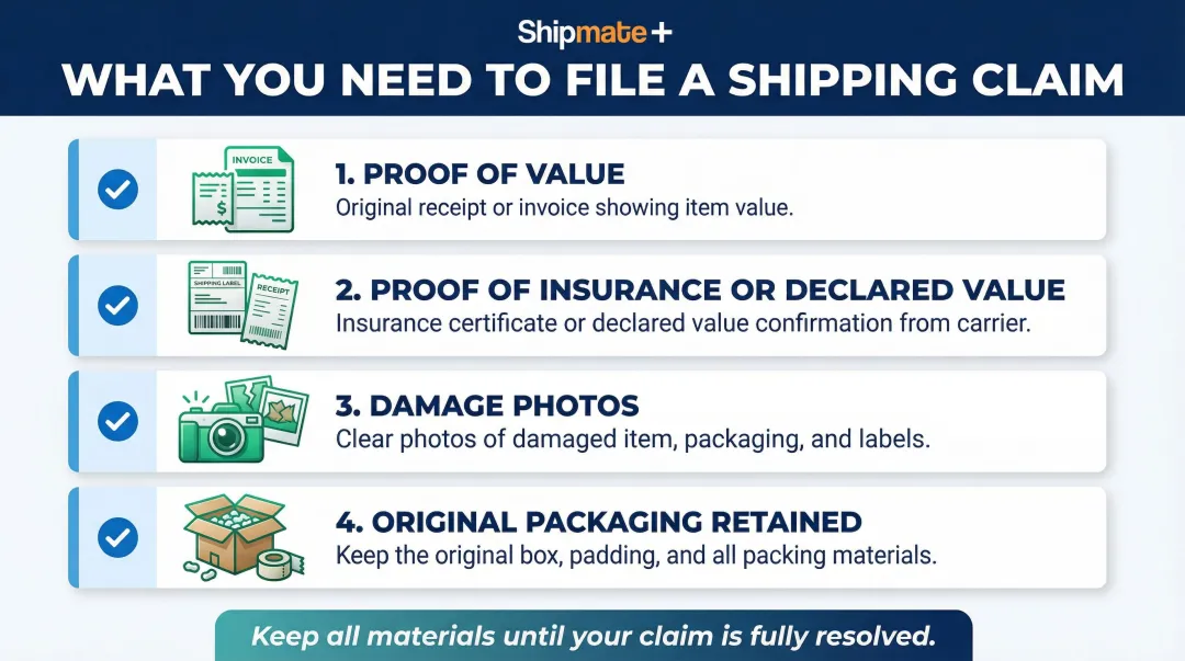 4-step shipping insurance claim documentation checklist process flow infographic