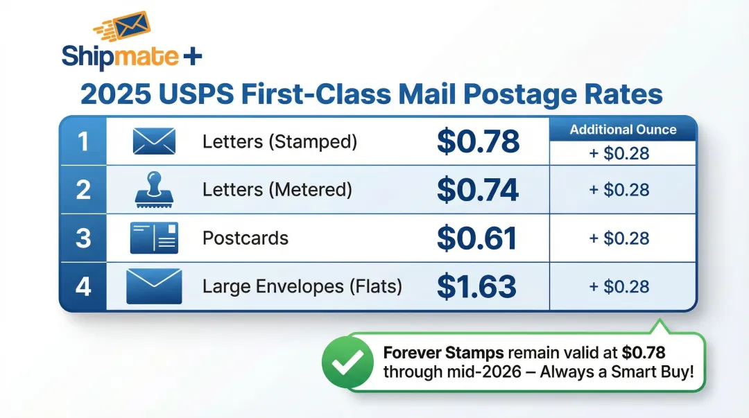 2025 USPS First-Class Mail postage rates by mail shape and weight breakdown