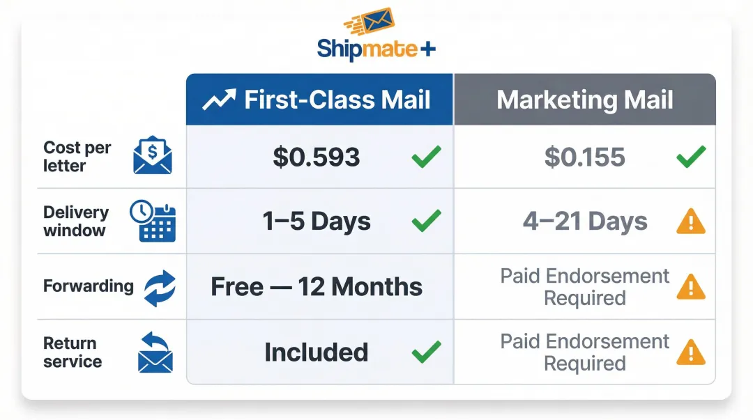 First-Class Mail versus USPS Marketing Mail side-by-side feature comparison infographic