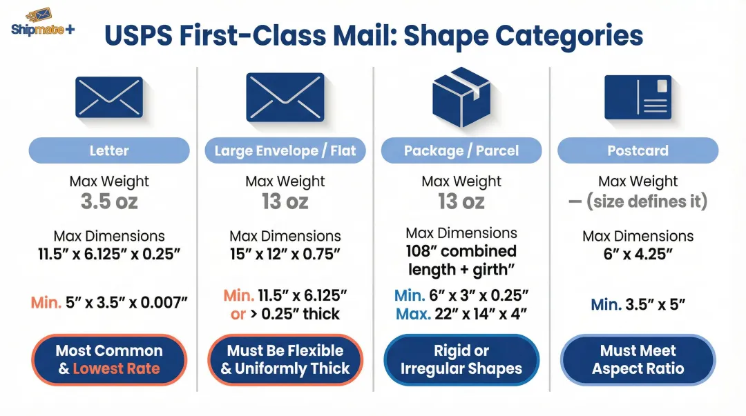 USPS First-Class Mail four shape categories size and weight limits comparison chart