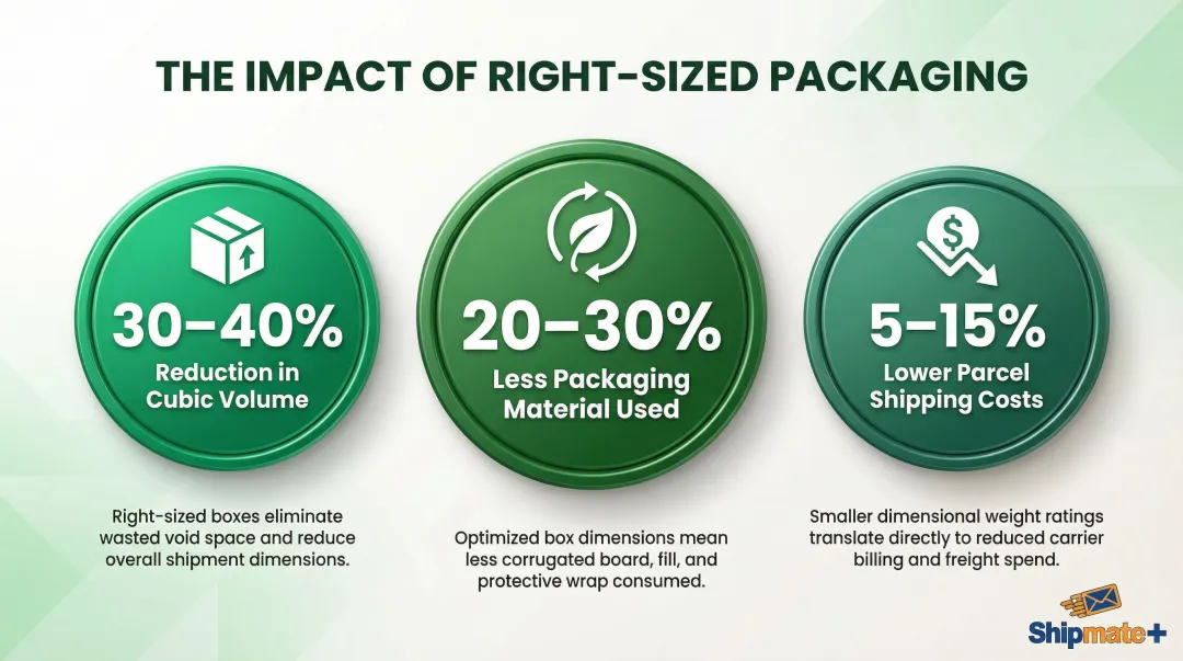 Right-sized packaging savings statistics showing cubic volume material and cost reductions