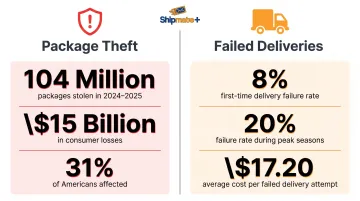 Package theft and failed delivery statistics infographic showing U.S. consumer impact