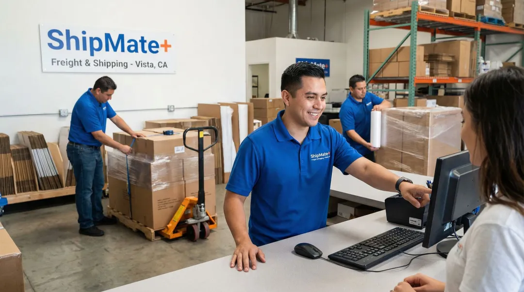 ShipMate Plus Vista CA freight specialist assisting customer with shipping and packaging services