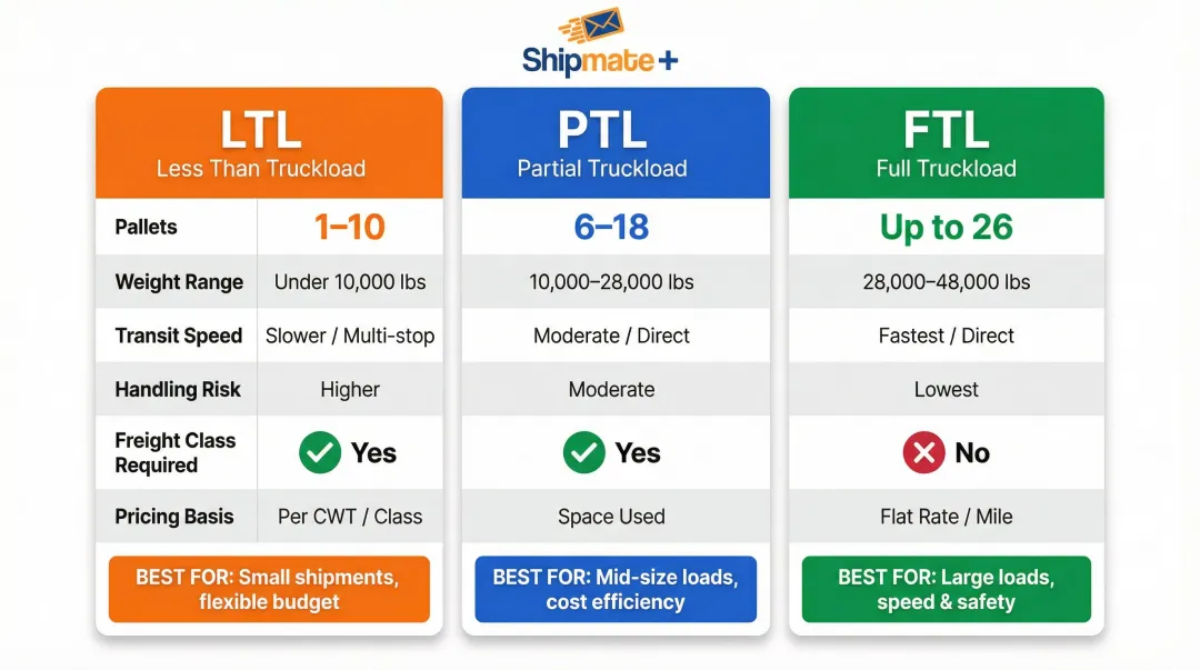 LTL versus PTL versus FTL shipping modes side-by-side comparison infographic