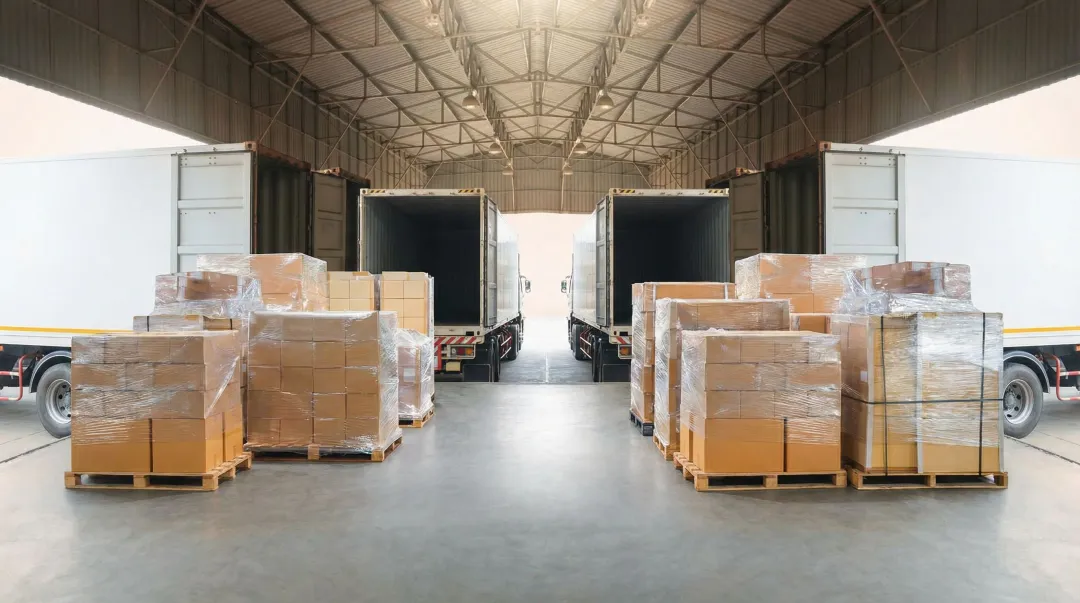 Mid-sized warehouse dock with pallets staged for partial truckload freight consolidation