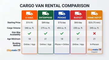 Side-by-side comparison of five Vista CA cargo van rental providers pricing and features
