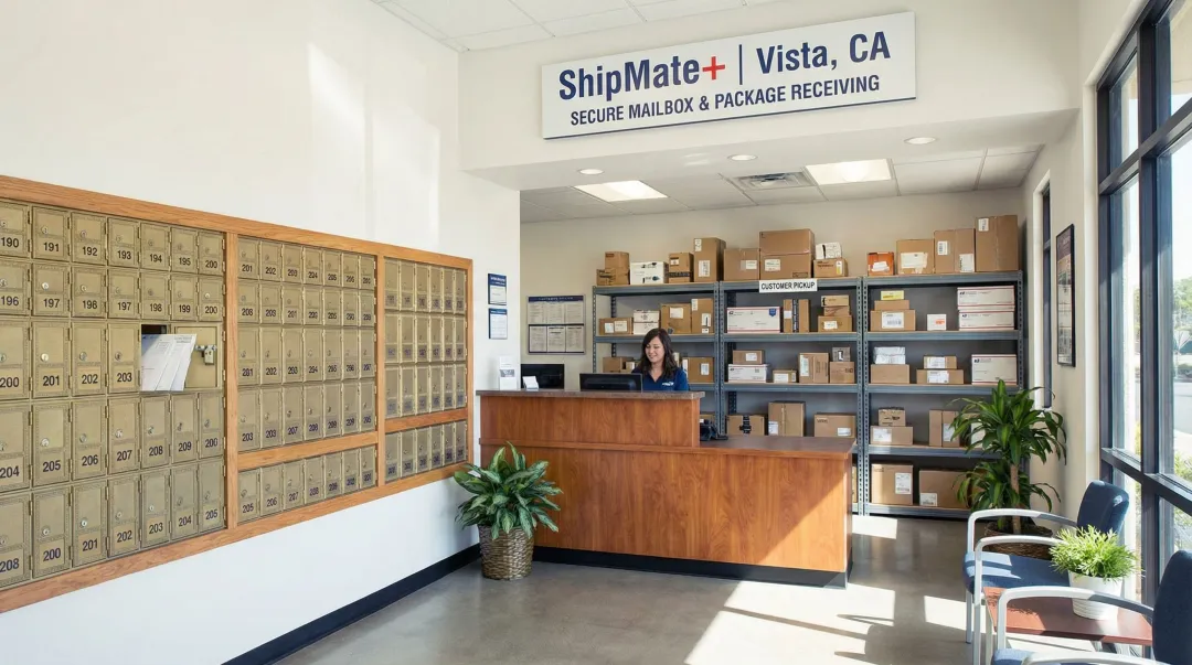 ShipMate Plus Vista CA mailbox lobby with secure package storage and retrieval area