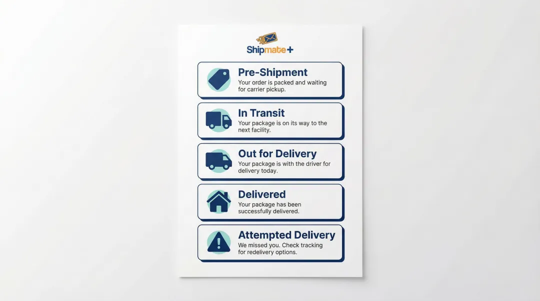 Common shipment tracking status definitions comparison chart for USPS UPS FedEx