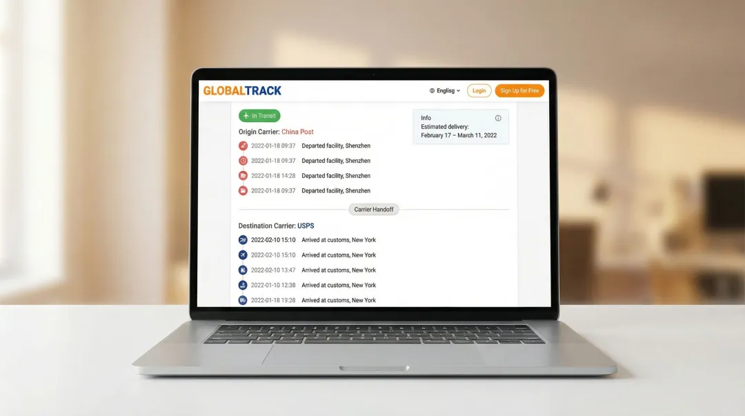 17TRACK universal package tracking dashboard showing multi-carrier international shipment timeline