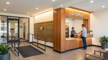 ShipMate Plus Vista mailbox store lobby with secure package storage and mailboxes