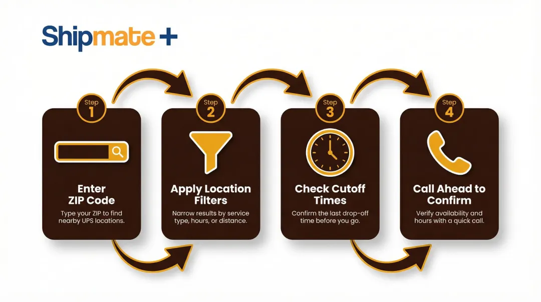 4-step UPS locator tool search process for finding Bloomfield NJ drop-off locations