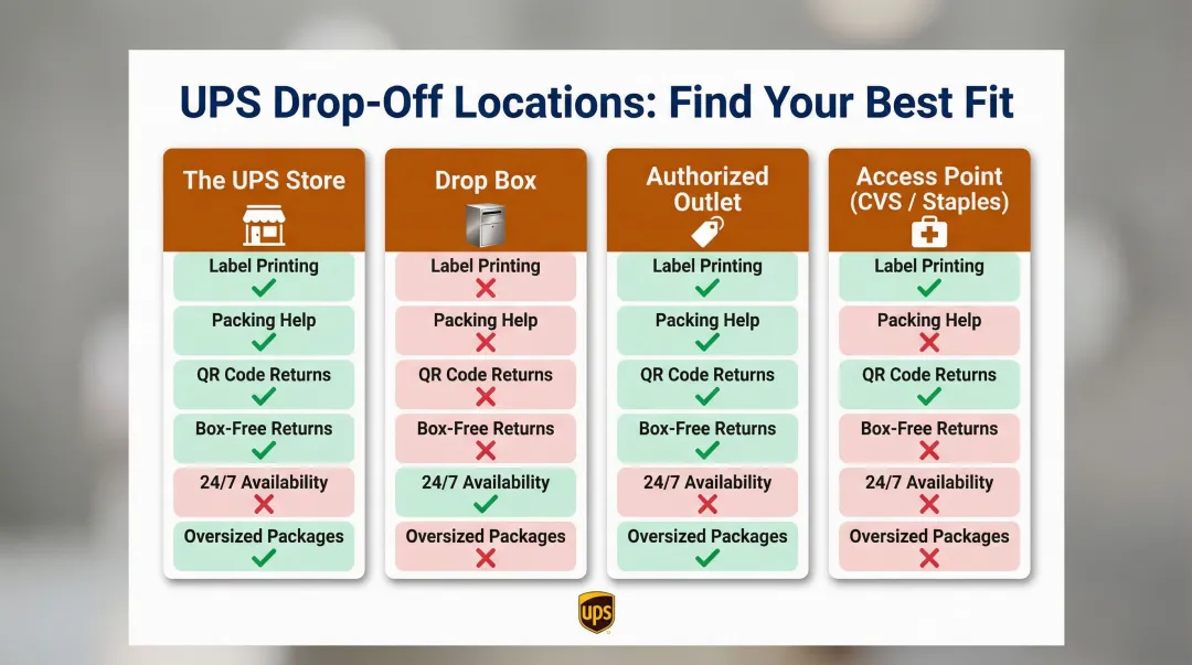 UPS location types comparison chart showing four drop-off options and capabilities