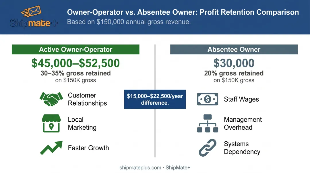 Active versus absentee mailbox business owner discretionary earnings comparison infographic