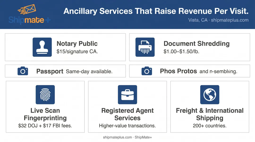 Six ancillary mailbox business services with pricing and revenue contribution breakdown