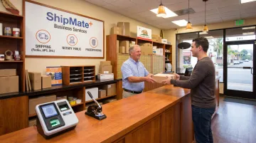 ShipMate Plus Vista storefront showing Live Scan and business services signage