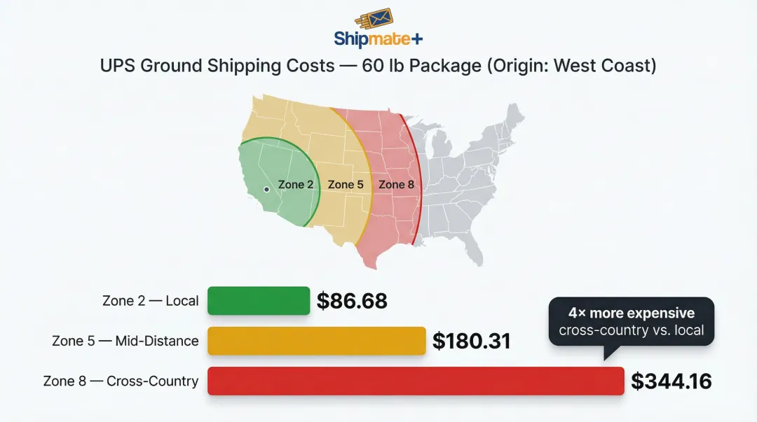 UPS Ground shipping zone pricing comparison showing local versus cross-country cost difference