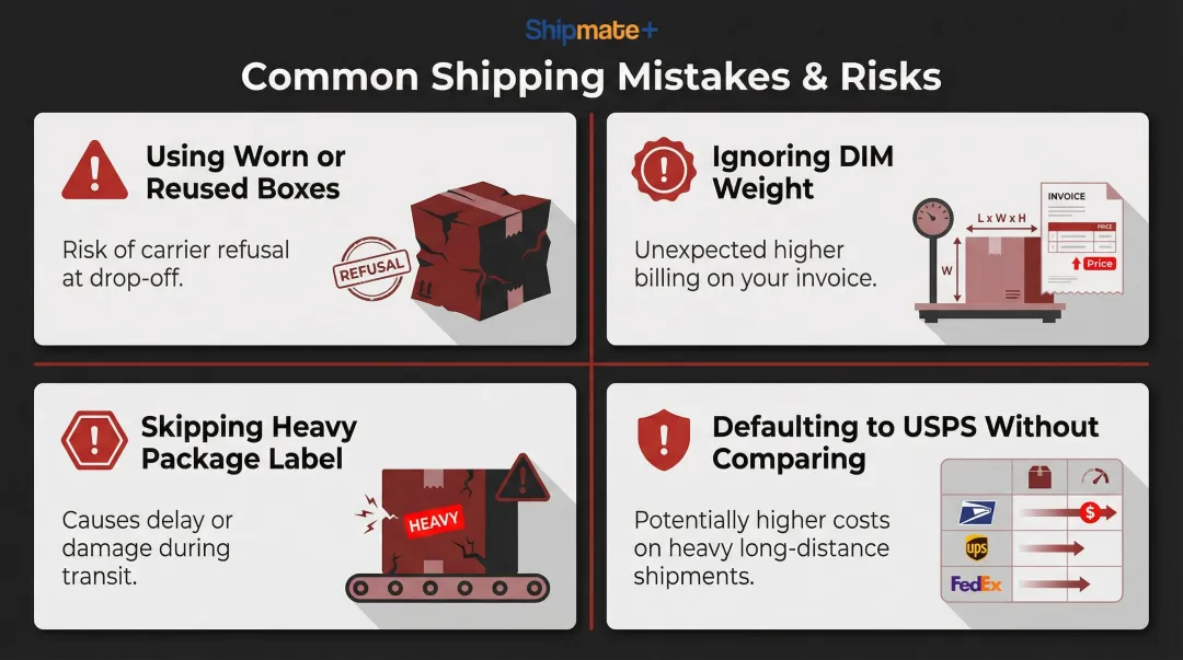 Four common heavy package shipping mistakes to avoid infographic with icons