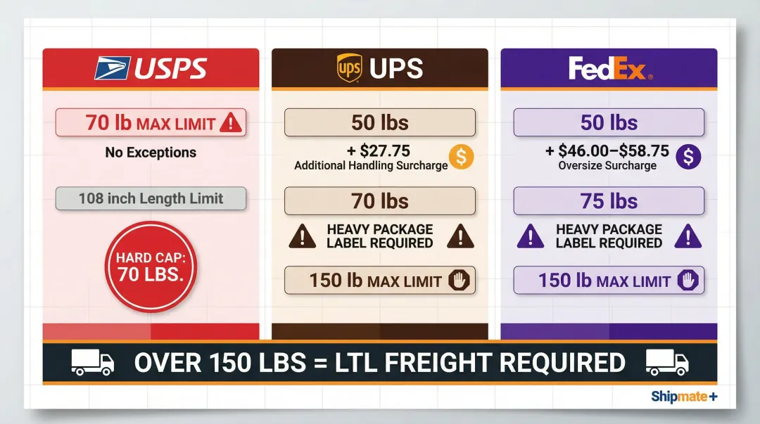 Carrier weight limit comparison chart USPS UPS FedEx parcel versus freight thresholds