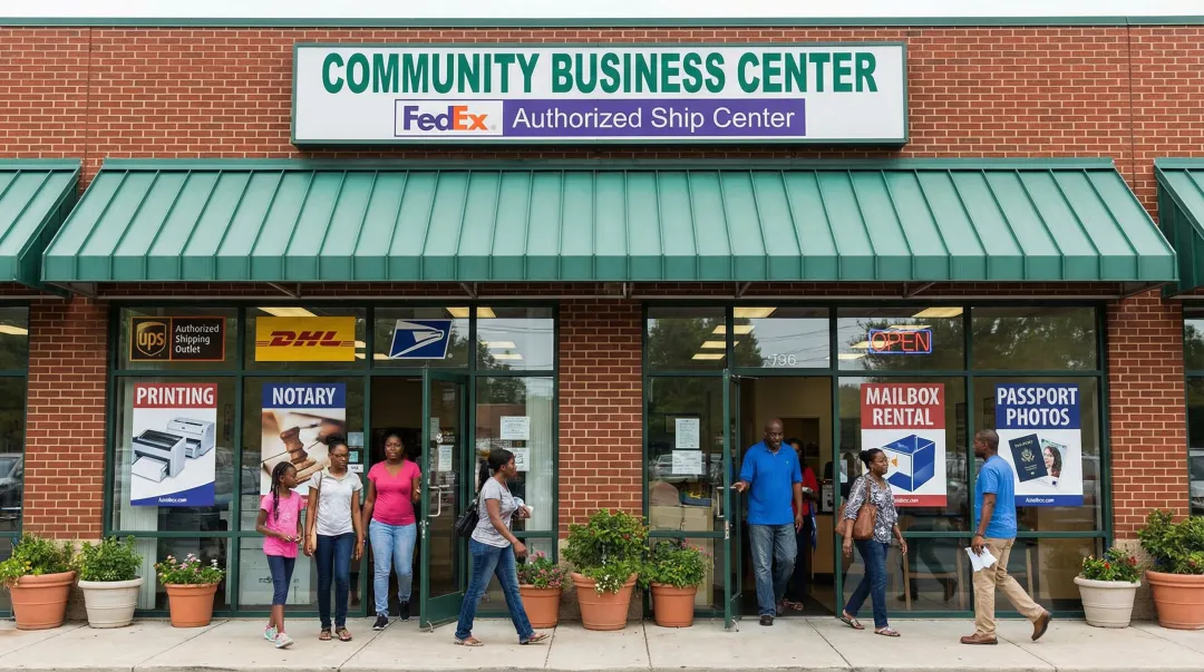 FedEx Authorized Ship Center storefront showing multi-carrier shipping and business services
