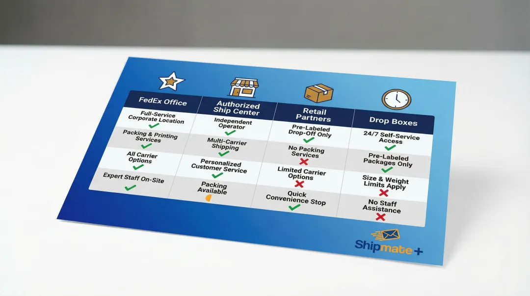 Four FedEx California location types comparison showing services and limitations