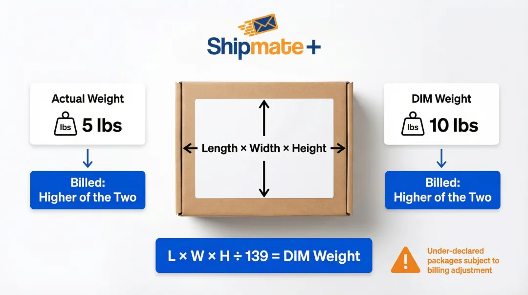 FedEx dimensional weight pricing formula calculation example with box dimensions
