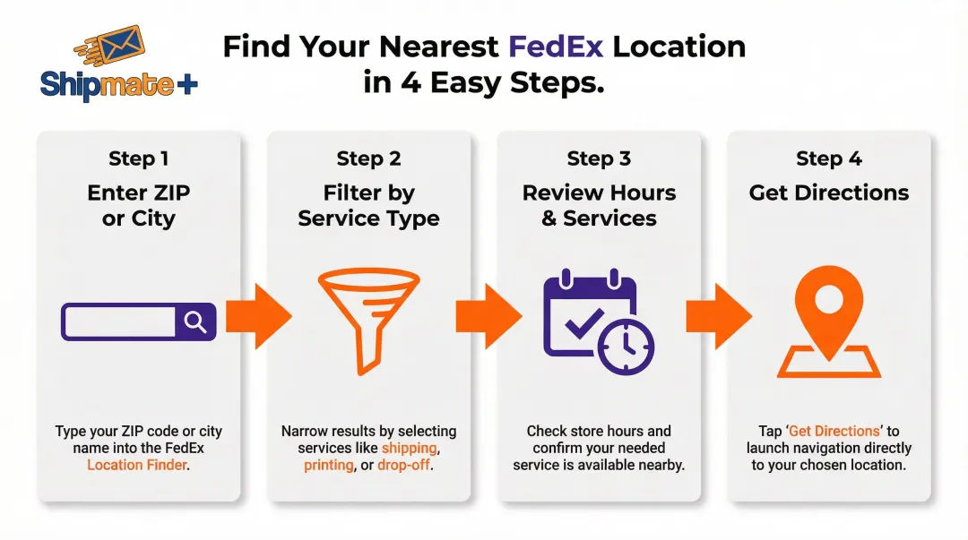 4-step FedEx location finder search process from ZIP code to directions