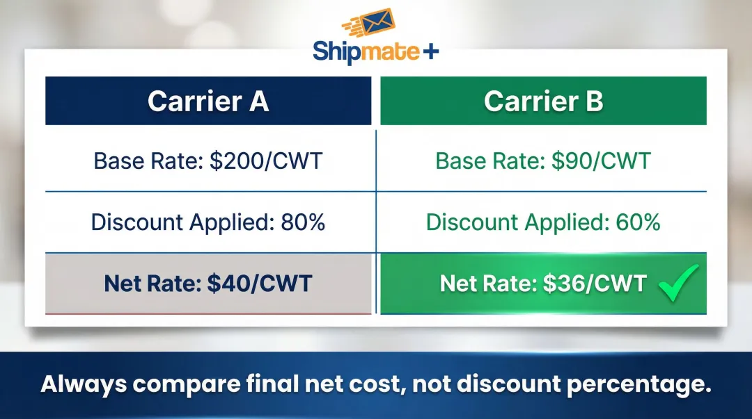 LTL carrier base rate discount comparison showing net cost difference between two carriers