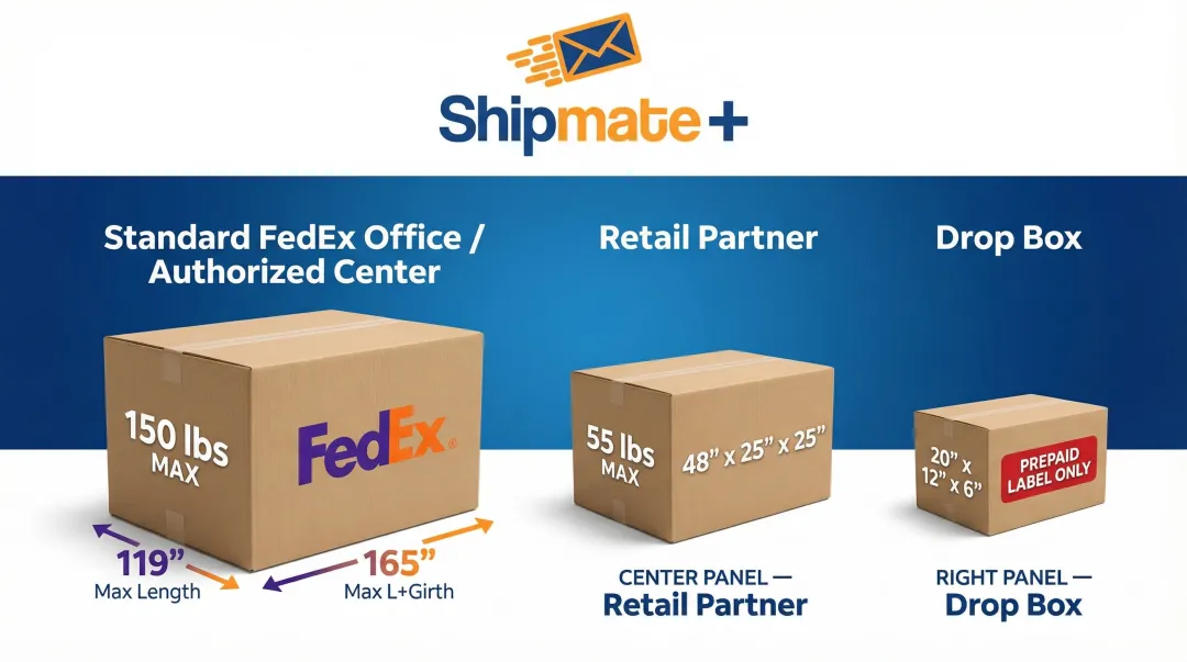 FedEx package size and weight limits by drop-off location type comparison
